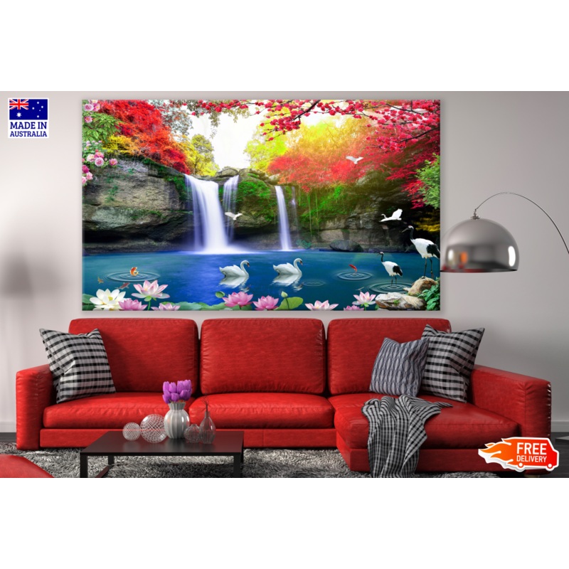 Waterfall and Birds in Forest Photograph Print 100% Australian Made