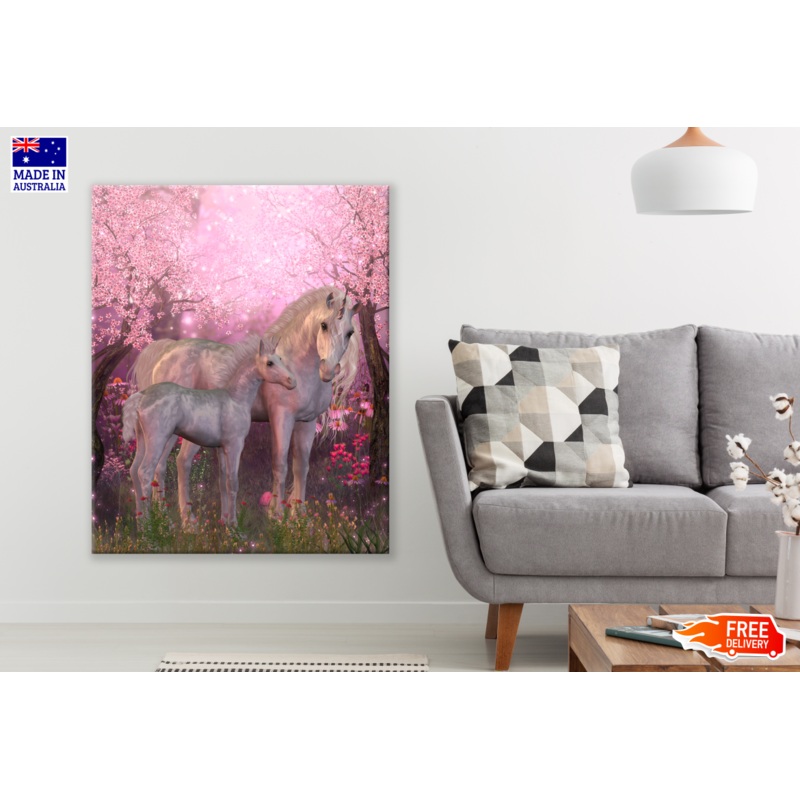 White Unicorn Horses Flower Trees Background Painting Print 100% Australian Made