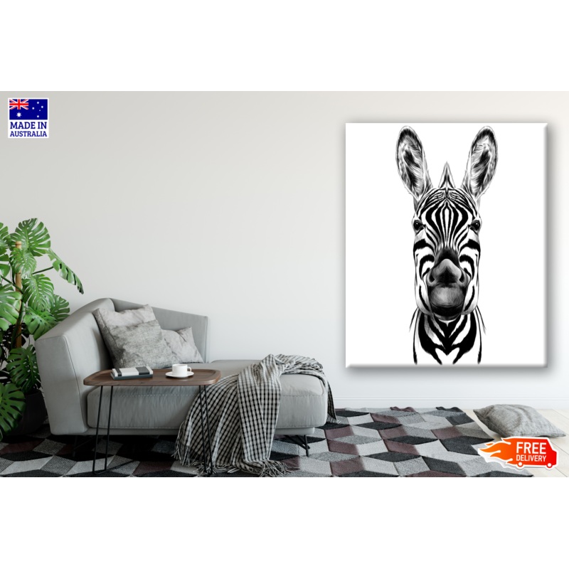 Zebra Face Portrait B&W Painting Print 100% Australian Made