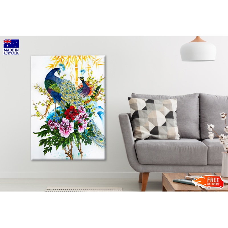 A Pair of Peacocks on a Tree Branch Painting Print 100% Australian Made