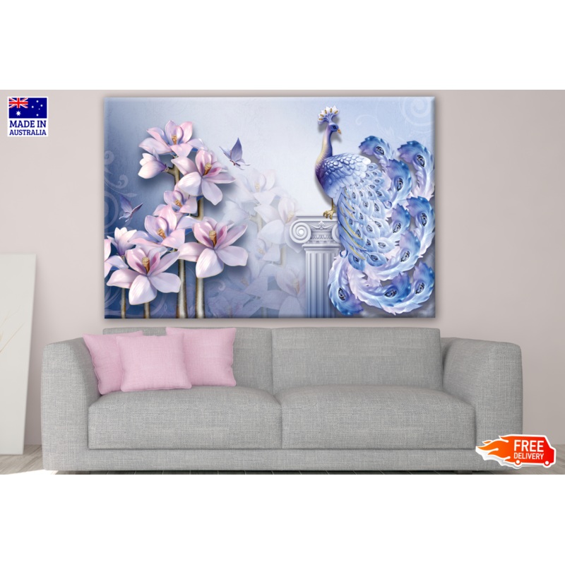 Beautiful Peacock with Pink Flowers 3D Design Print 100% Australian Made