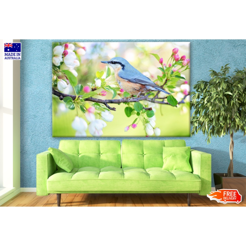 Blue Bird Sitting on a Floral Branch Photograph Print 100% Australian Made