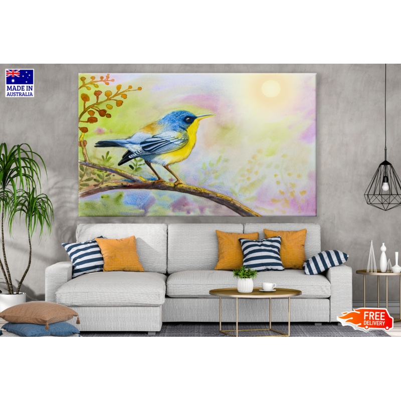 Blue Fly Catcher Bird & Tree Painting Print 100% Australian Made