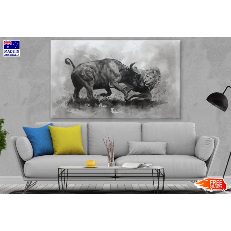 Buffalo & Lion Fighting B&W Painting Print 100% Australian Made