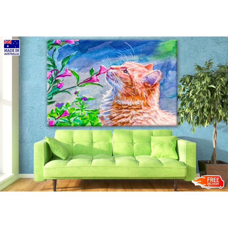 Cat Sniffing Pink Flowers Painting Print 100% Australian Made