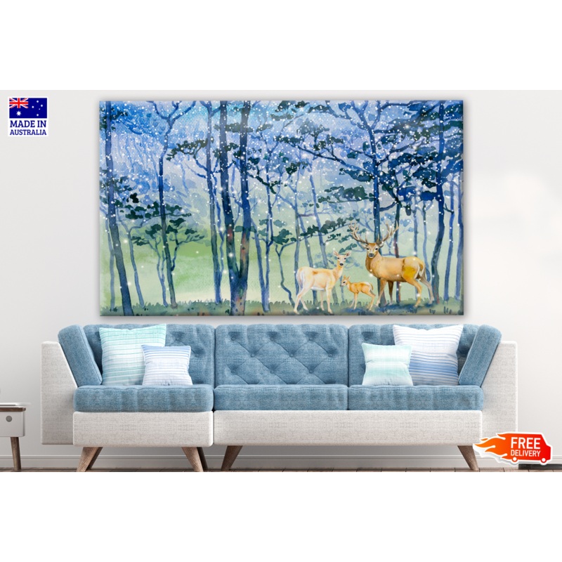 Snow Falls in Forest Winter Watercolour Landscape Deer Family Painting Print 100% Australian Made