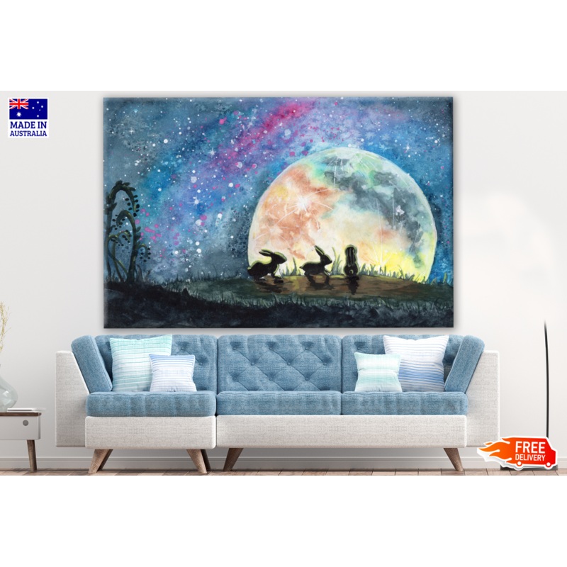 Three Rabbits in a Grass Field Looking on a Huge Colorful Moon & Bright Starry Sky Painting Print 100% Australian Made