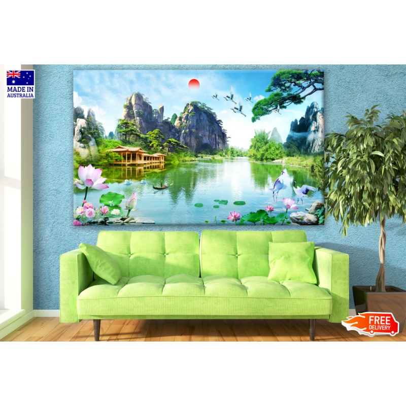 View of Mountain with Animals & Waterfall Landscape Scenery Print 100% Australian Made