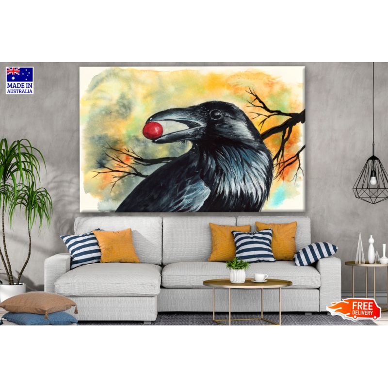 Watercolor Black Raven With Red Berry Painting Print 100% Australian Made