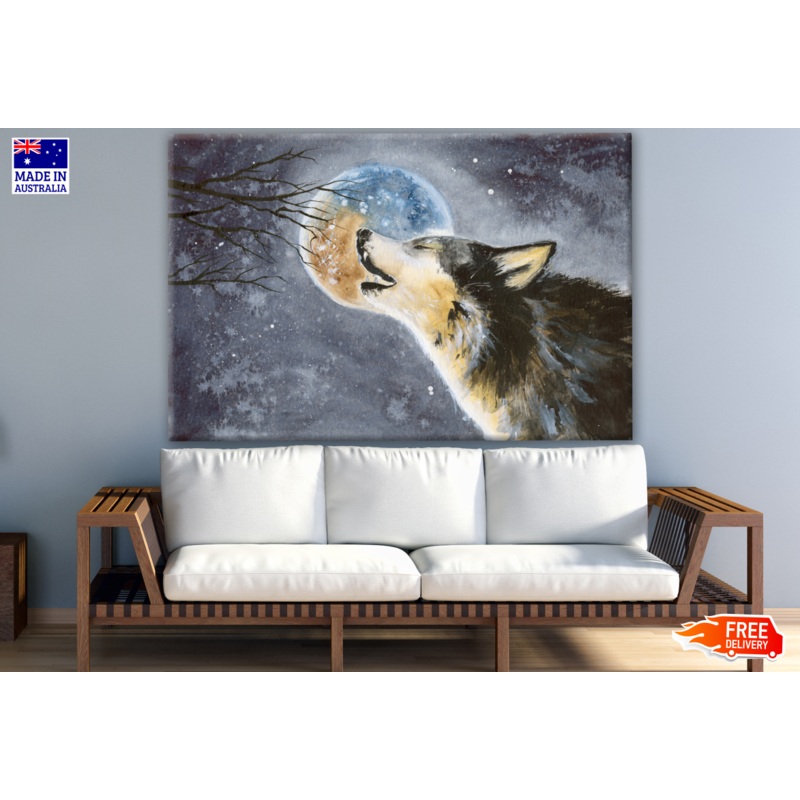 Watercolor Howling Wolf With Shining Moon Painting Print 100% Australian Made