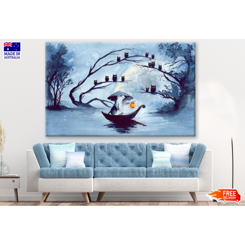 Watercolor Mouse In A Boat With Owls Painting Print 100% Australian Made