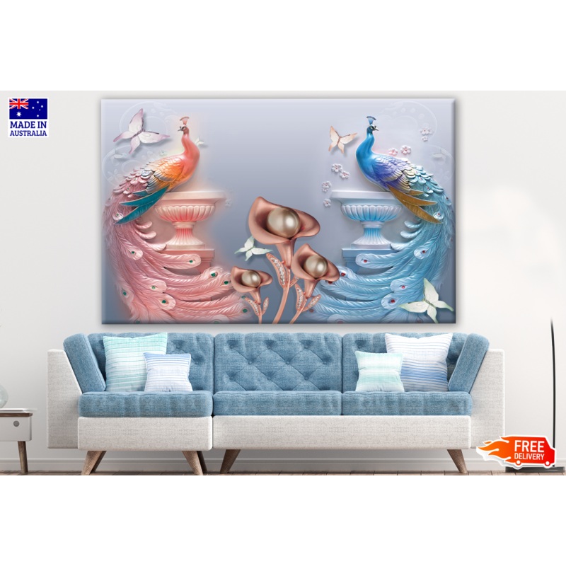 3D Peacocks & Flowers Illustration Print 100% Australian Made