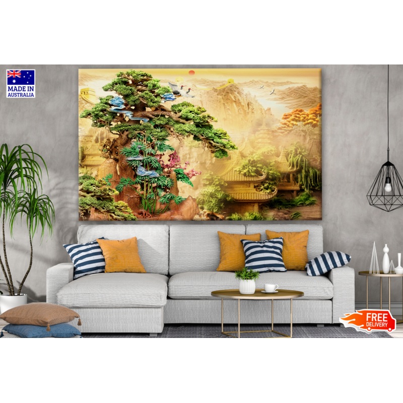 3D Tree & Old Chinese House with Birds & Tree Great Wall of China Print 100% Australian Made