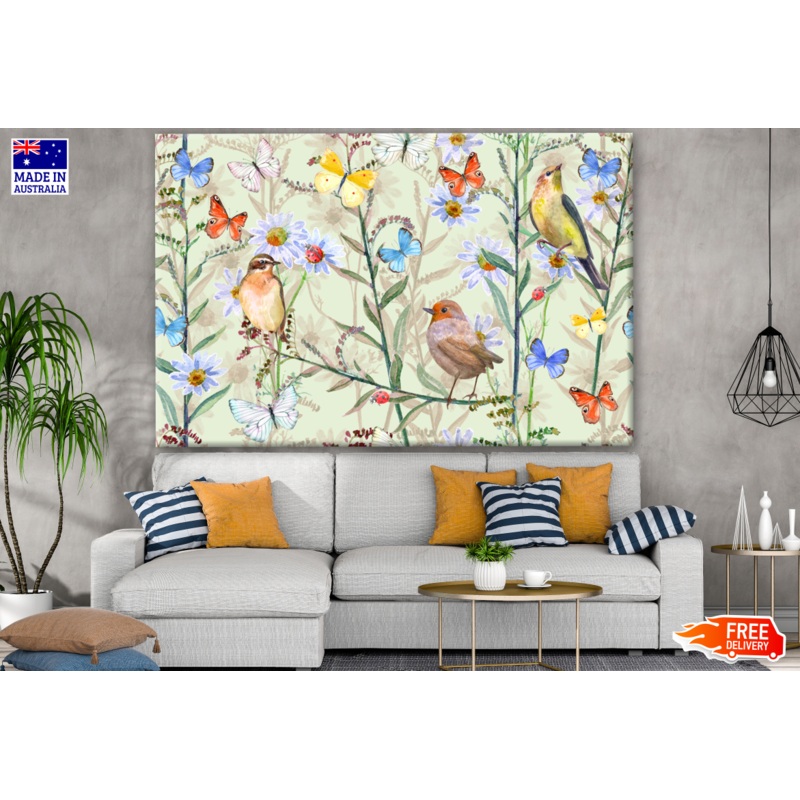 Birds  Buterflies on Floral Plants Field Painting Print 100% Australian Made