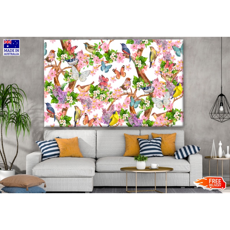 Birds & Butterflies on a Flower Tree Painting Print 100% Australian Made