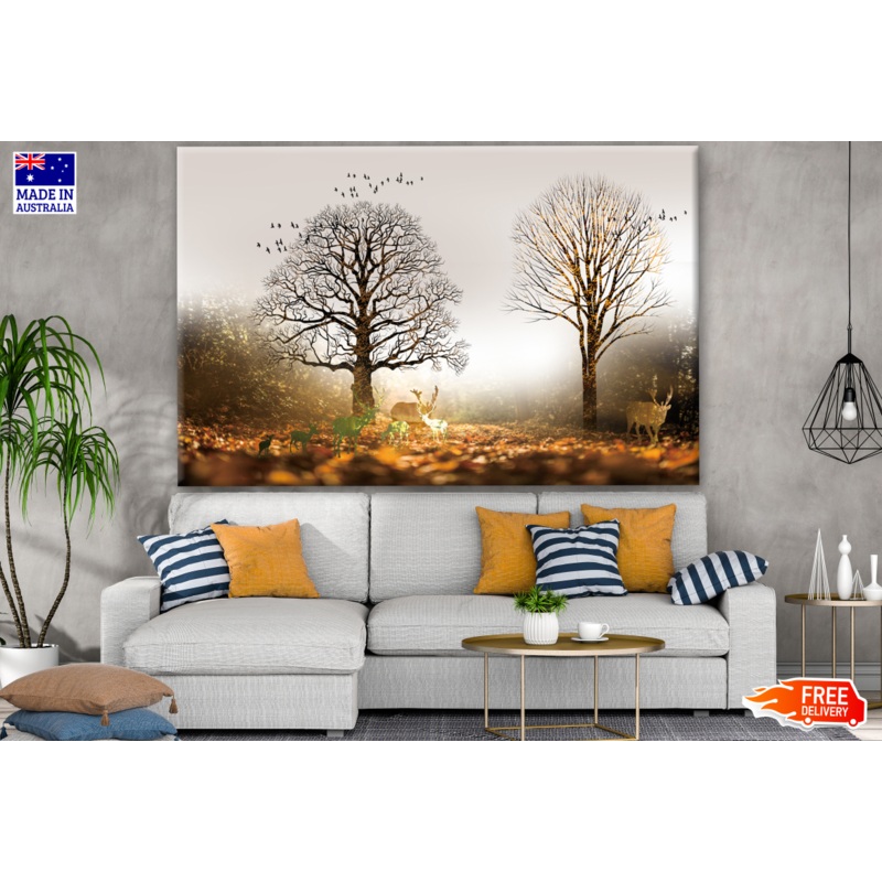 Birds & Deer with Antlers in Forest Print 100% Australian Made