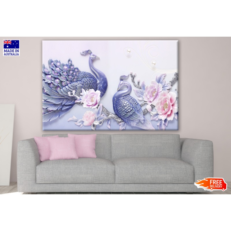 Blue Peacocks & Pink Flowers 3D Abstract Design Print 100% Australian Made