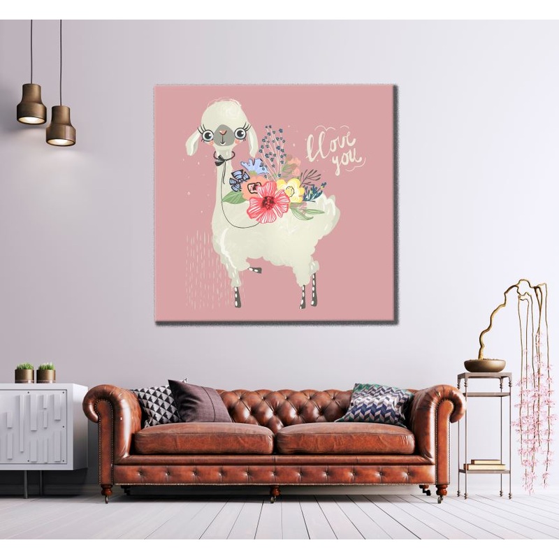 Square Canvas Alpaca with Flowers Painting High Quality Print 100% Australian Made