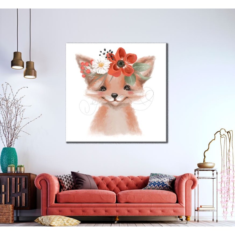 Square Canvas Cute Baby Fox with Floral Headdress High Quality Print 100% Australian Made