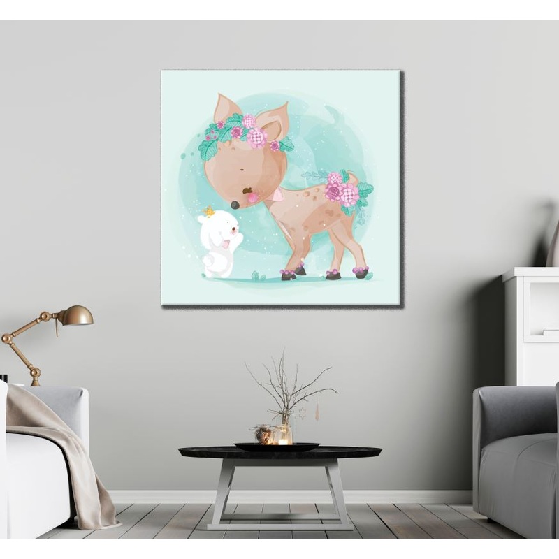 Square Canvas Cute Deer & Rabbit Painting High Quality Print 100% Australian Made