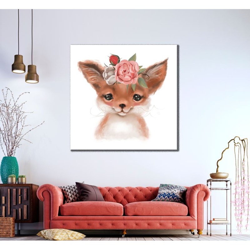 Square Canvas Cute Fox Portrait with Floral Headdress Painting High Quality Print 100% Australian Made