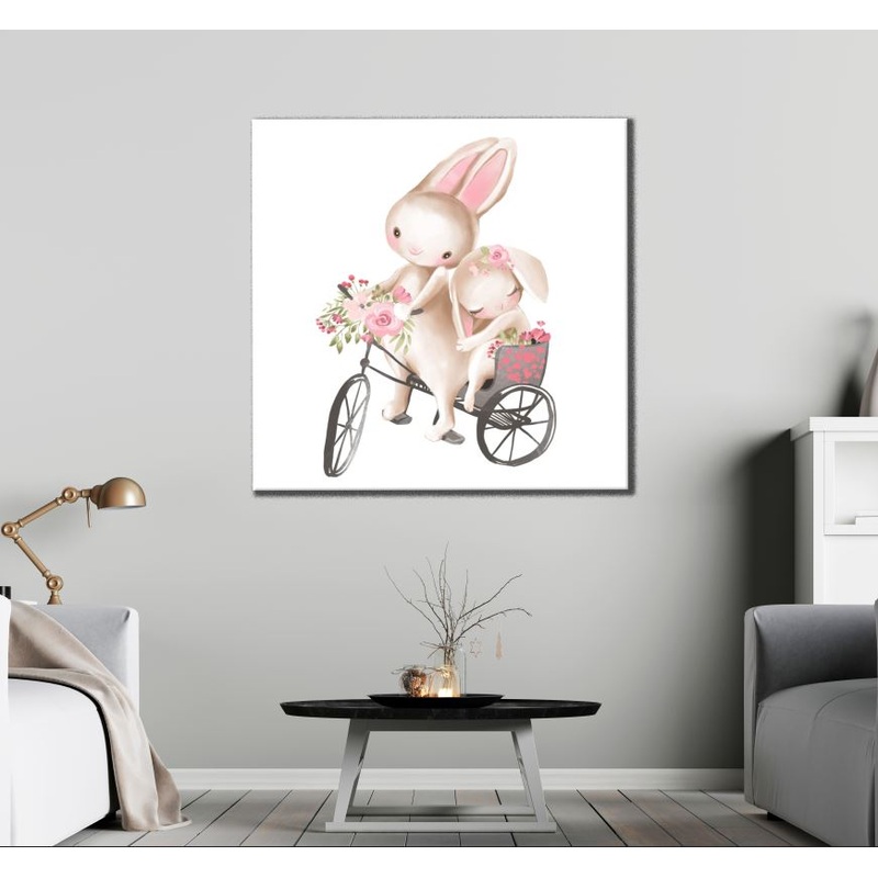 Square Canvas Cute Rabbit Cycling Painting High Quality Print 100% Australian Made