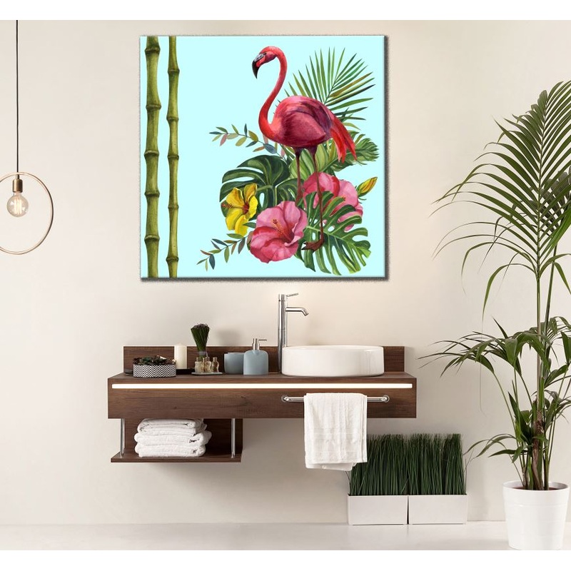 Square Canvas Flamingo Bird on Floral Bunch Art High Quality Print 100% Australian Made