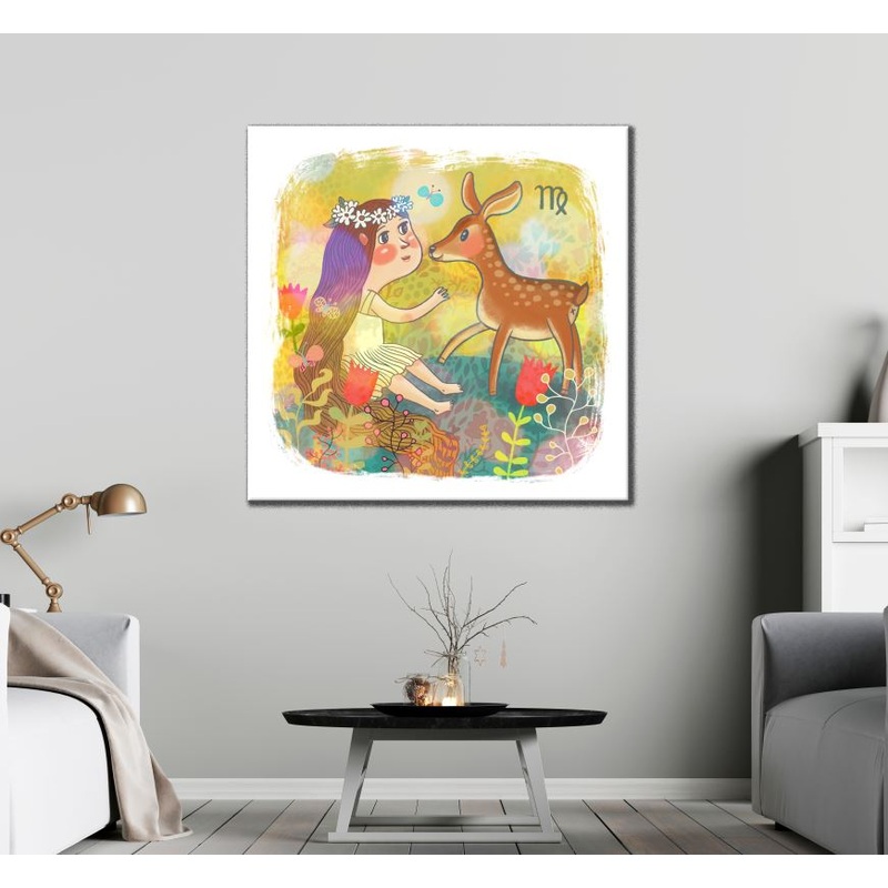 Square Canvas Girl Playing with Deer Floral Art High Quality Print 100% Australian Made