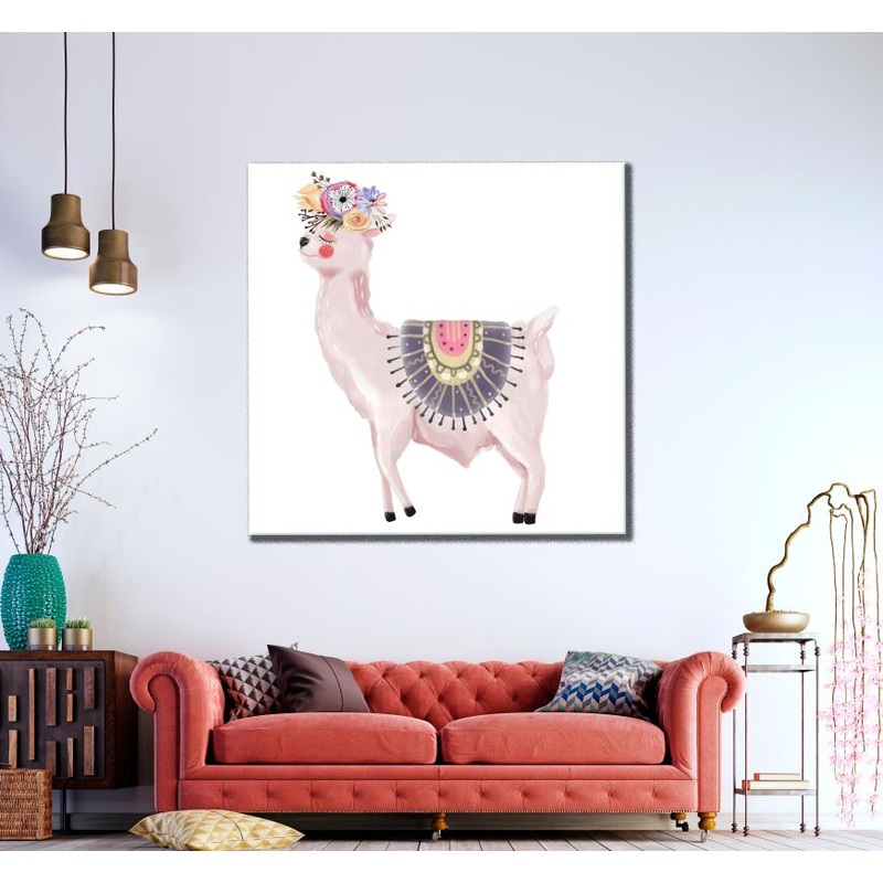 Square Canvas Llama & Floral Painting High Quality Print 100% Australian Made