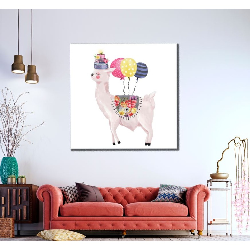 Square Canvas Llama Holding Balloons Painting High Quality Print 100% Australian Made