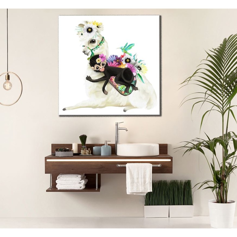 Square Canvas Llama with Monkey on Back Painting High Quality Print 100% Australian Made