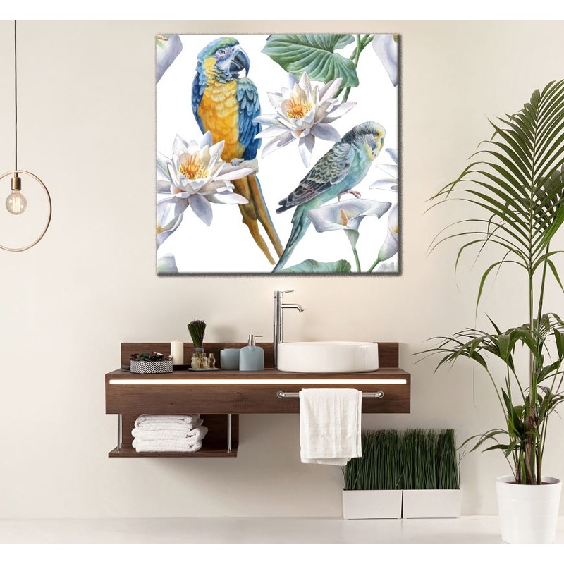Square Canvas Macaw Bird & Love Bird with Flowers Painting High Quality Print 100% Australian Made