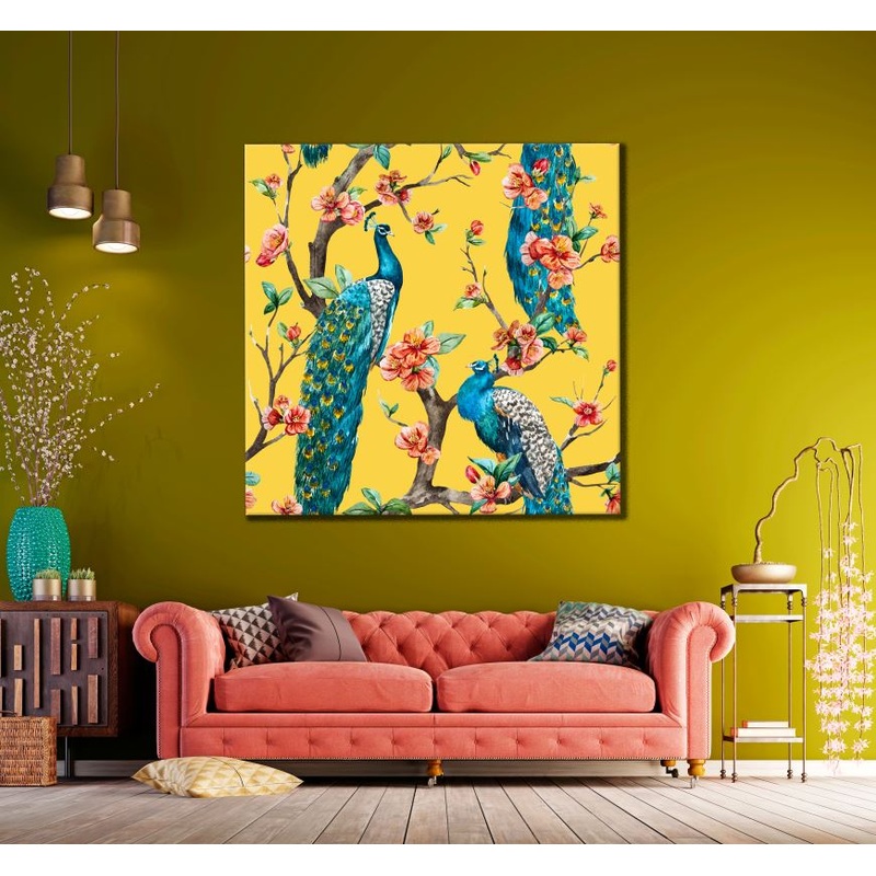 Square Canvas Peacock Birds on Flower Tree Art High Quality Print 100% Australian Made