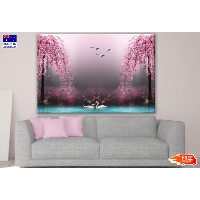 Swans in Lake with Cherry Blossom Trees Print 100% Australian Made