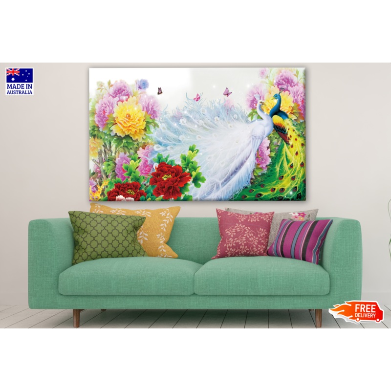 Two Peacocks in a Floral Forest Painting Print 100% Australian Made