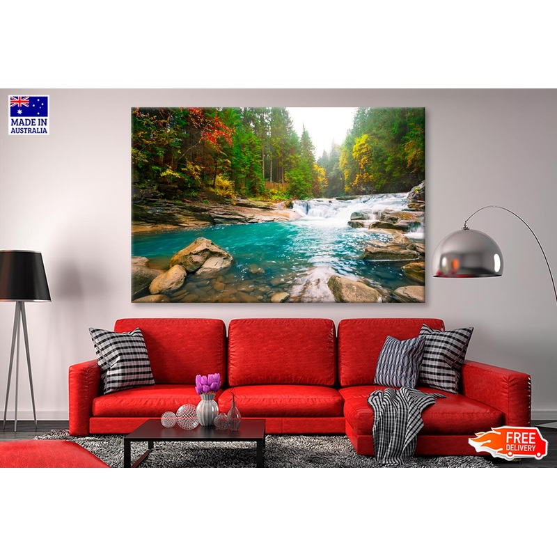 Waterfall On Mountain River in The Forest Wall Art Decor 100% Australian Made