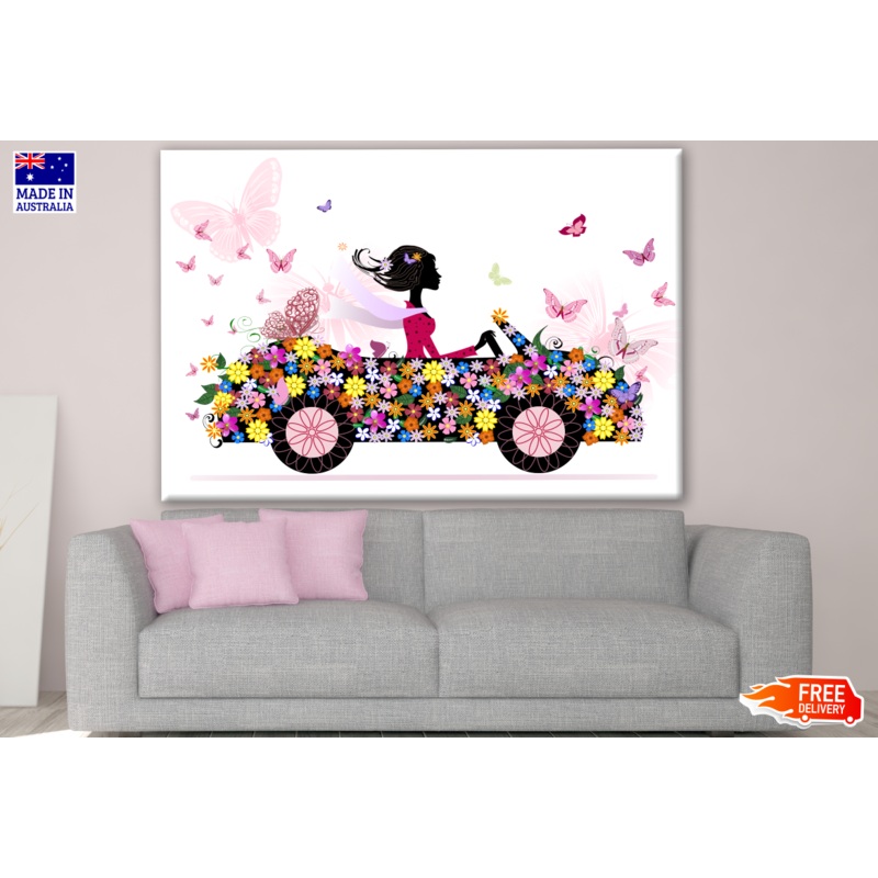 Woman Riding a Floral Car & Butterflies Art Print 100% Australian Made
