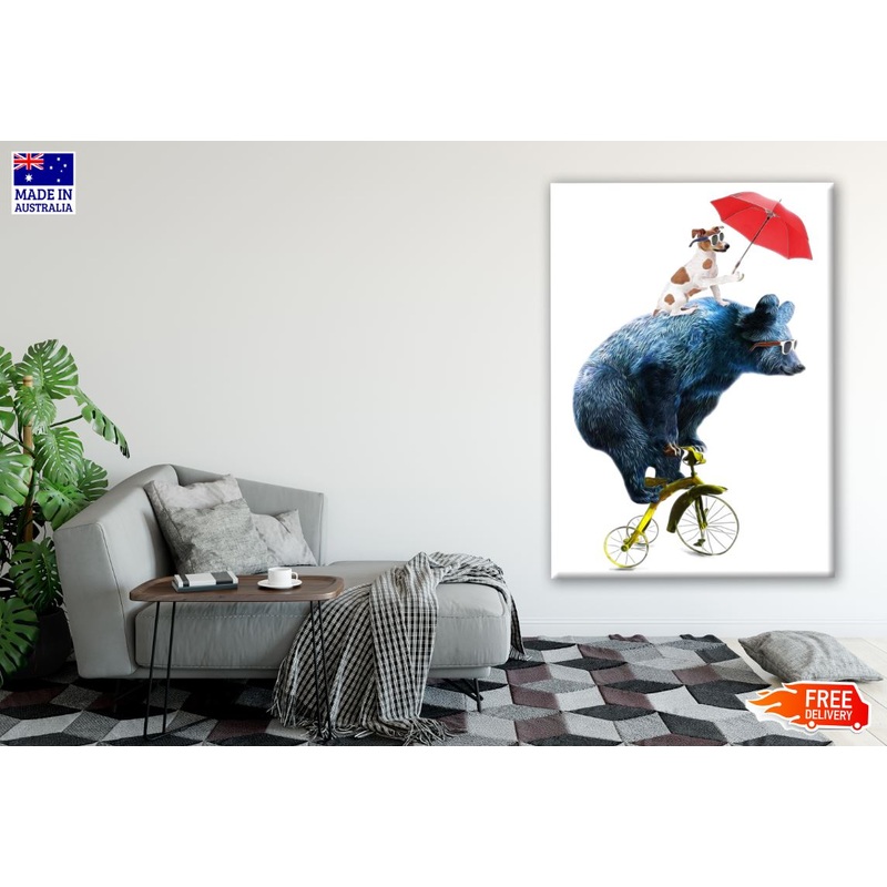 Bear & Dog Riding Tricycle Painting Print 100% Australian Made