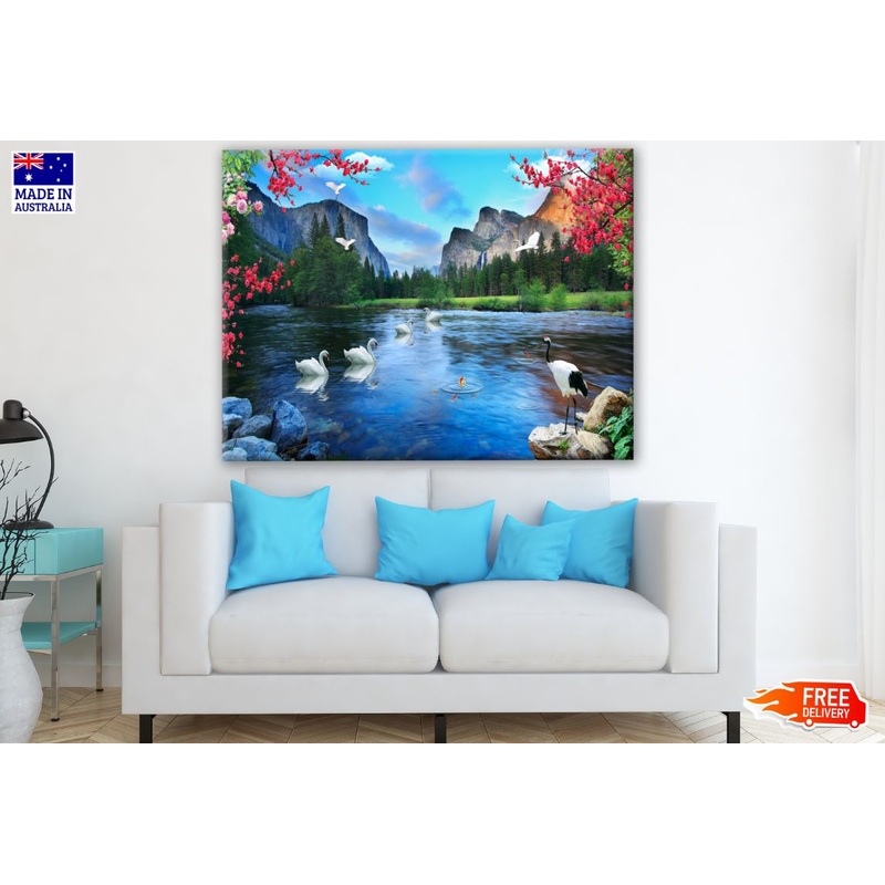 Birds in Lake & Mountain View Print 100% Australian Made