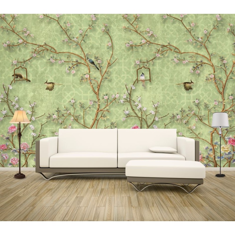 Wallpaper Murals Peel and Stick Removable Birds & Trees with Flowers Design High Quality