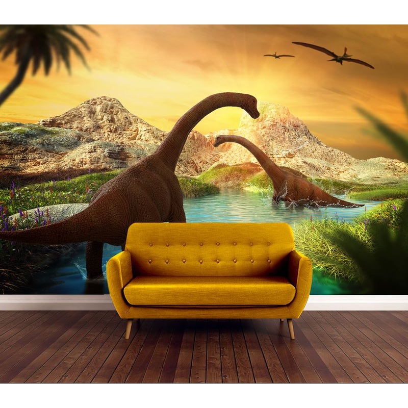 Wallpaper Murals Peel and Stick Removable Dinosaurs in Lake High Quality