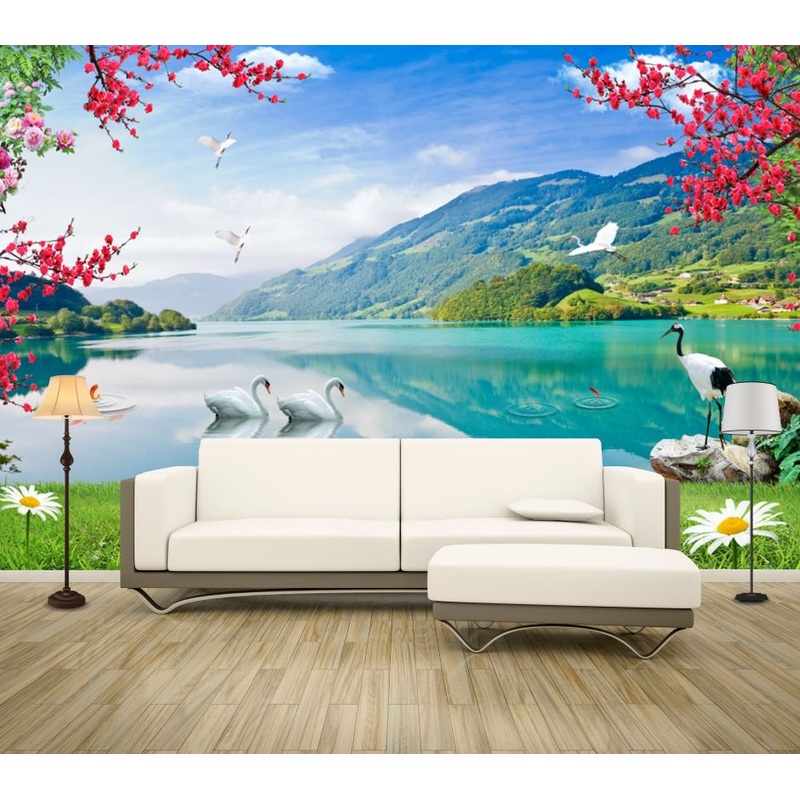 Wallpaper Murals Peel and Stick Removable Swans In Lake with Mountain View High Quality