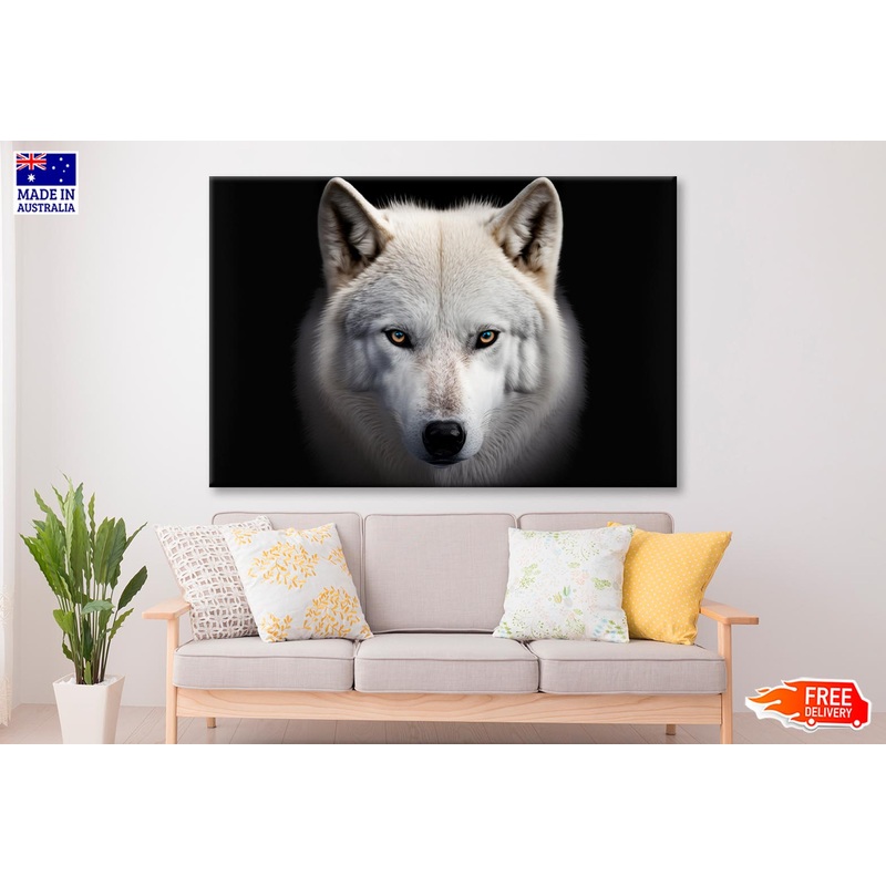 White Wolf with Blue Eyes Looking at The Camera Wall Art Decor 100% Australian Made