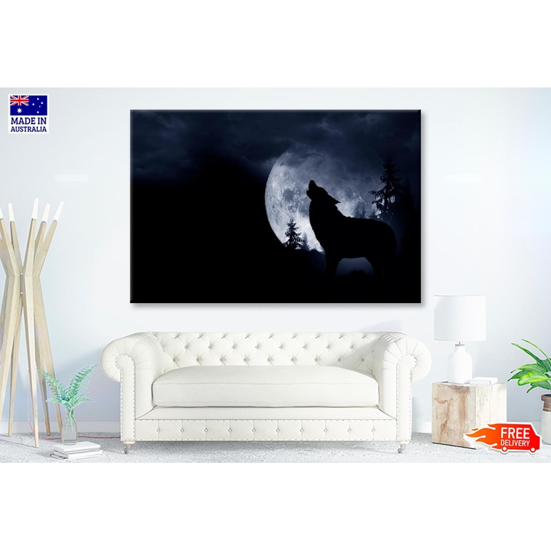 Wolf Howling at The Moon in The Dark Wall Art Decor 100% Australian Made