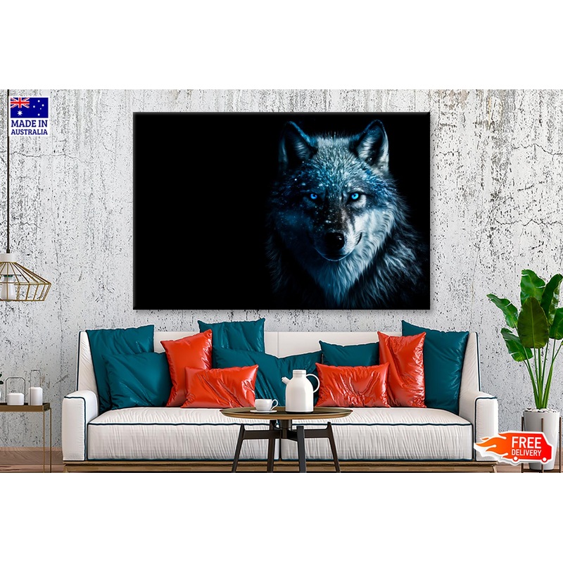Wolf With Blue Eyes in The Dark Wall Art Decor 100% Australian Made