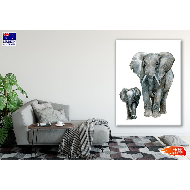 B&W Elephants Walking Painting Print 100% Australian Made