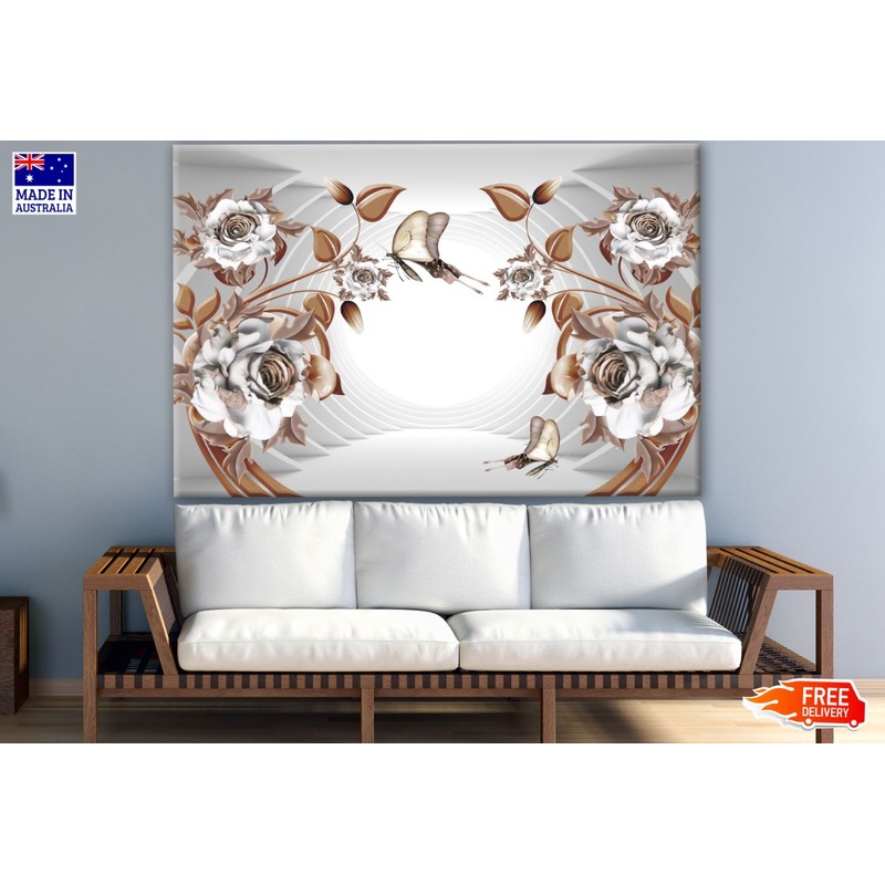 Brown & White Flowers & Butterflies 3D Design Print 100% Australian Made