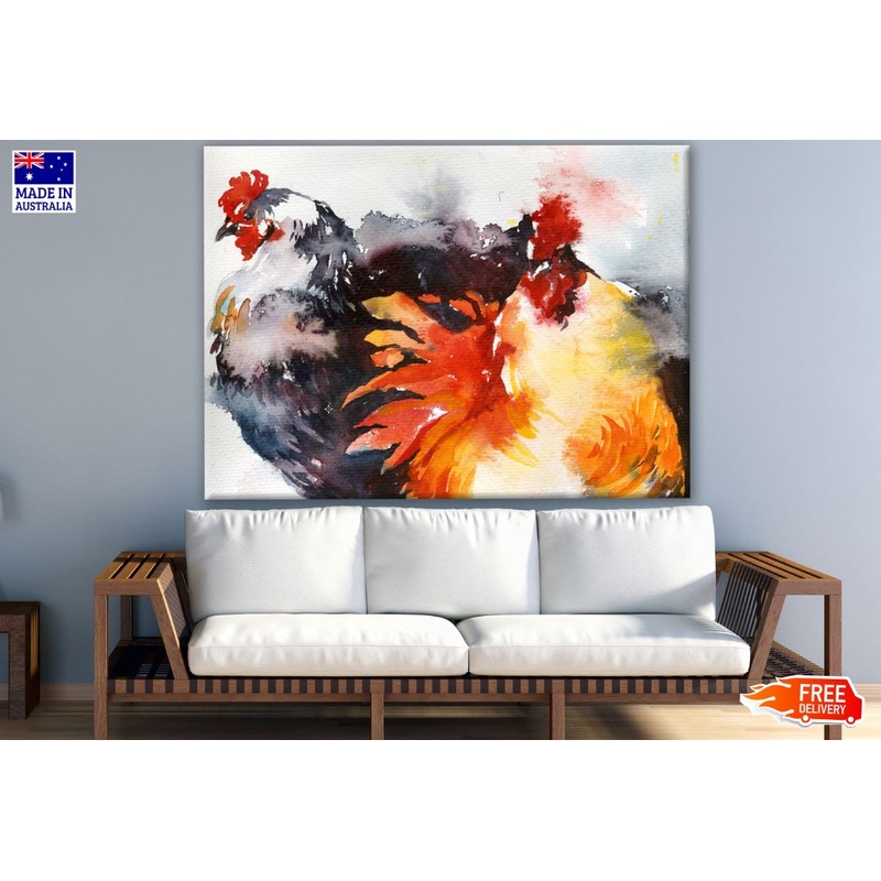 Rooster & Hen Watercolor Painting Print 100% Australian Made