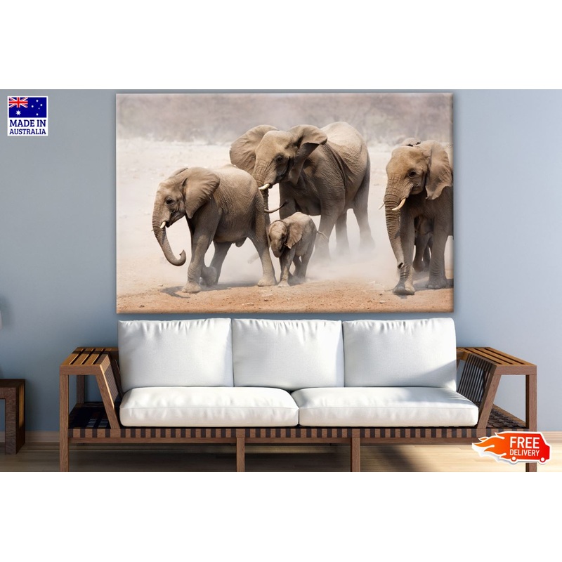 Running Elephant Family on Sand Photograph Print 100% Australian Made