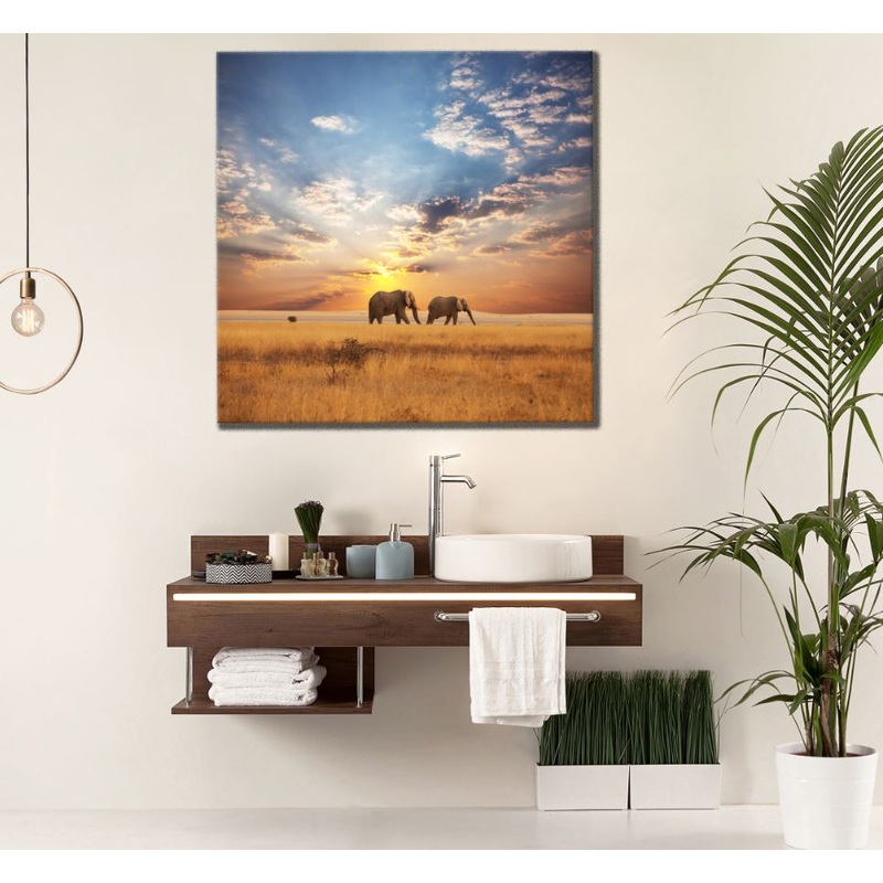 Square Canvas Elephants Walking in Field at Sunset Photograph High Quality Print 100% Australian Made